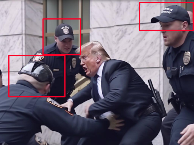 Etrange opération de police : les trois représentants de l’ordre portent des coiffes différentes. Celui qui se trouve de dos porte même un casque étrange qui ne lui couvre pas l’intégralité de la tête. Au passage, Donald Trump se voit équipé d’une ceinture de police.