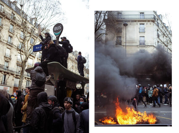 Boulevard Voltaire. Le cortège est bloqué suite à un feu. Paris, le 28 mars 2023.