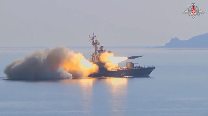 In this photo made from video provided by the Russian Defense Ministry press service on Tuesday, March 28, 2023, a Russian navy boat launches an anti-ship missile test in the Peter The Great Gulf in the Sea of Japan.