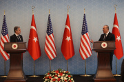 US Secretary of State Antony Blinken (left) and Turkish Foreign Minister Mevlut Cavusoglu at a press conference in Ankara on February 20, 2023. 