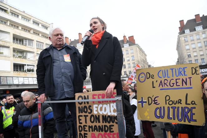 Students from the higher school of art and design demonstrate against the closure of the establishment during the tenth day of mobilization against the pension reform, in Valenciennes (North), March 28, 2023.