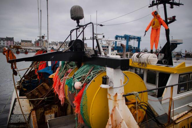 L’effigie d’un pêcheur avec une carte sur laquelle il est écrit « Mort de la profession », pendant une grève des pêcheurs au Guilvinec, dans le Finistère, le 29 mars 2023.