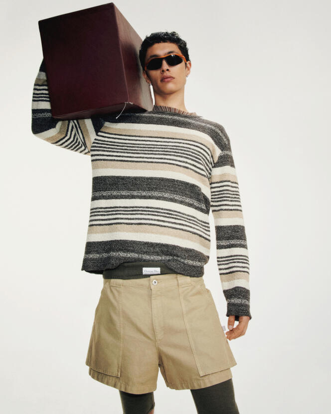 Cotton and linen sweater and cotton shorts, Tod's, €850 and €450.  tods.com – Wool underwear and sunglasses, Dior Men, €790 and €650.  dior.com