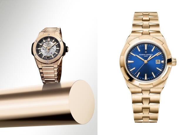 A gauche : Big Bang Integrated Time Only King Gold de Hublot. A droite : Overseas Gold de Vacheron Constantin.