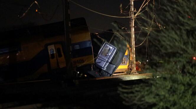 A passenger train derailed in Voorschoten, the Netherlands, on April 4, 2023.