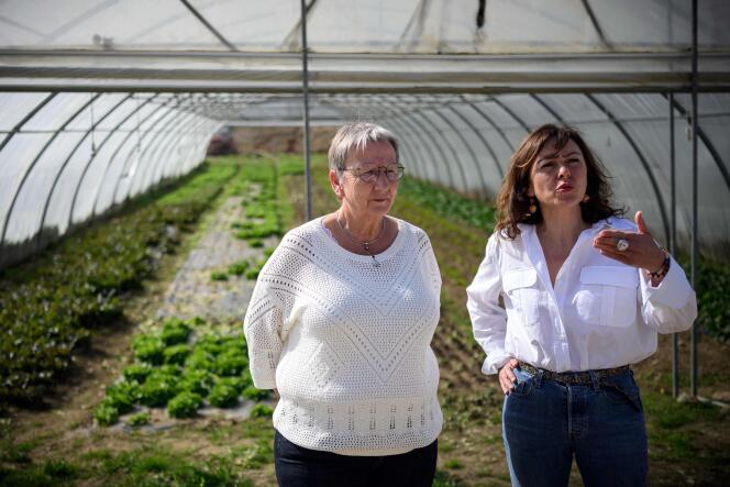 La disidente socialista Martine Froger visita una granja en Loubens (Ariège) con la presidenta de la región de Occitanie, Carole Delga, el 30 de marzo de 2023.