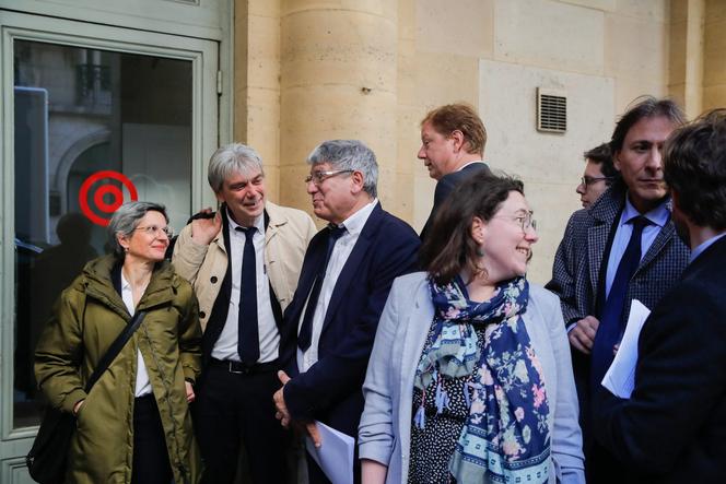 Los parlamentarios Sandrine Rousseau, Sébastien Jumel, Eric Coquerel, Pierre Dharréville y Cyrielle Chatelain (Nupes) llegan al Consejo Constitucional con otros funcionarios electos para ser escuchados sobre su apelación contra la reforma de las pensiones, en París, el 4 de abril de 2023.