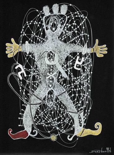 “Cosmic vision @ Word from the belly Odioka”, by Ernest Dükü (ink and acrylic on black Canson paper, 2022).
