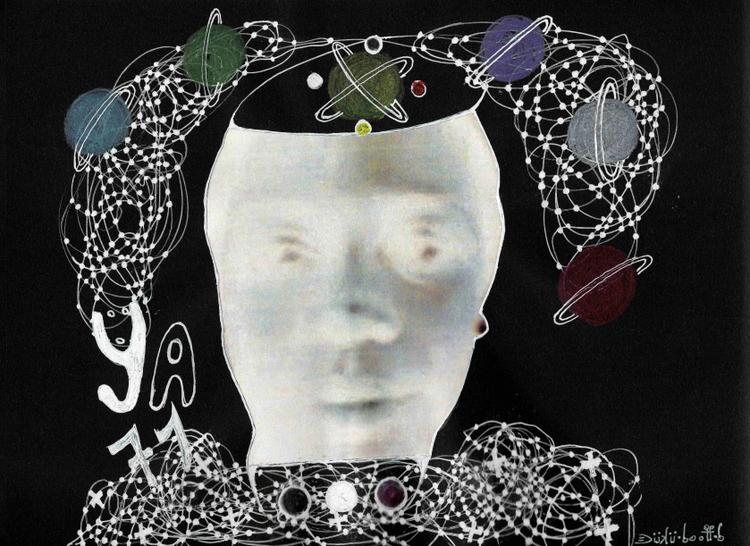 “EON BWRY@ ANAN YAAWALE REBIRD”, by Ernest Dükü (ink, acrylic and collage on black Canson paper, 2022).