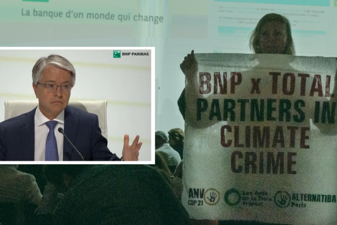 Interrogado por activistas ambientales en medio de una asamblea general de BNP Paribas, en octubre de 2022, su director gerente, Jean-Laurent Bonnafé (a la izquierda), visiblemente molesto, trató de aclarar el tema.