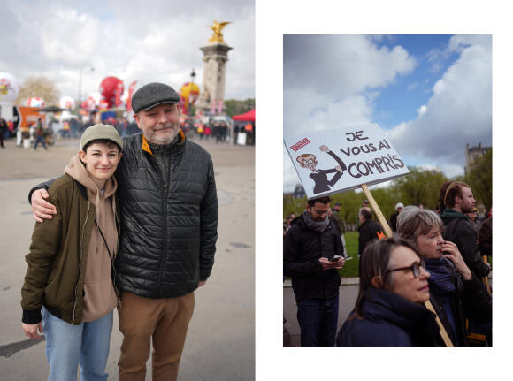 Camille, 27 ans, et Vincent, 44 ans, cheminots, dans le cortège de la manifestation à Paris, le 6 avril 2023.