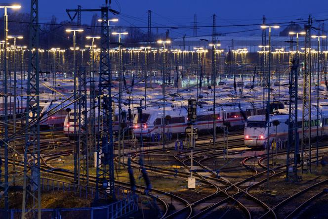 High-speed trains parked at a depot of the German railway company Deutsche Bahn in Hamburg, Germany, March 27, 2023.