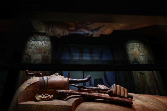 The sarcophagus of Pharaoh Ramses II exhibited at the Grande Halle de La Villette, in Paris, on April 6, 2023.