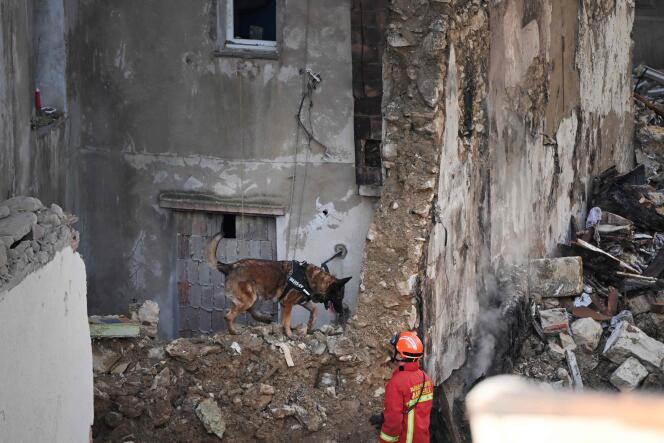 Un bombero y un perro buscan posibles víctimas entre los escombros de la rue de Tivoli, en Marsella, el 10 de abril de 2023.