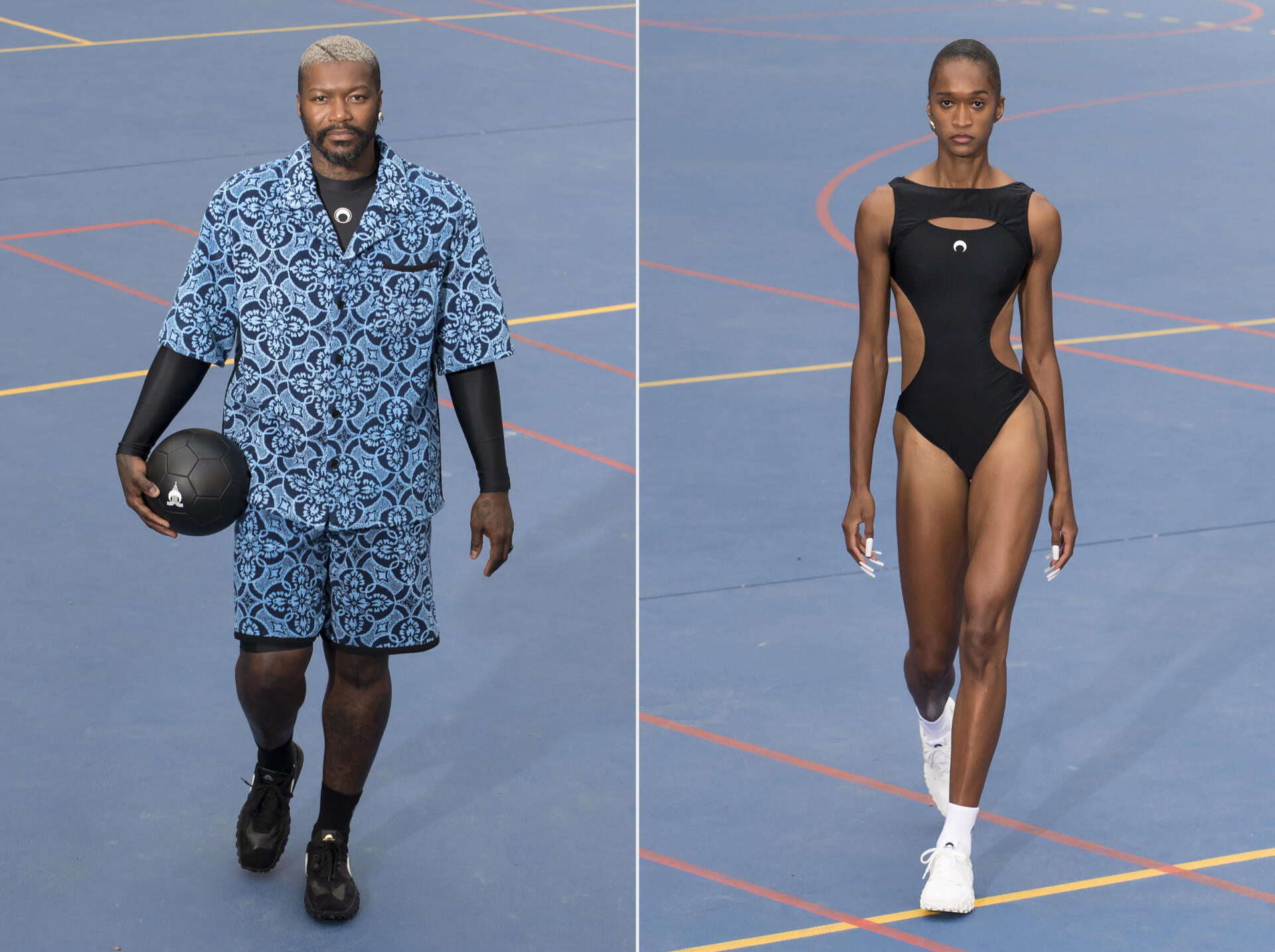 From left to right: Djibril Cissé and Kendall Baisden during the “State of Soul” fashion show, by Marine Serre, spring-summer 2023.