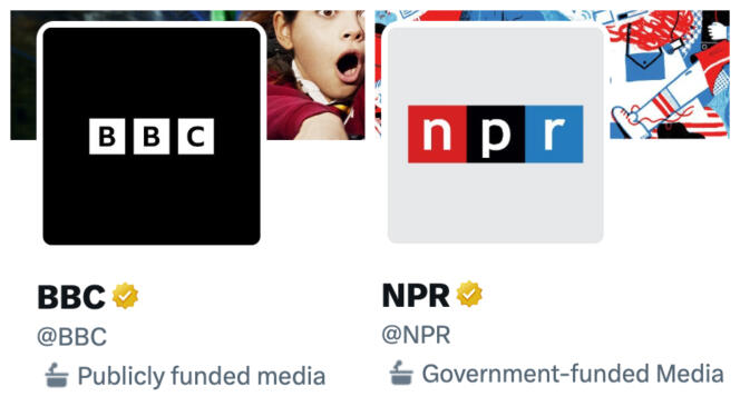 Capture d’écran des mentions affichées depuis le 12 avril sur les comptes Twitter officiels de la BBC et e NPR.