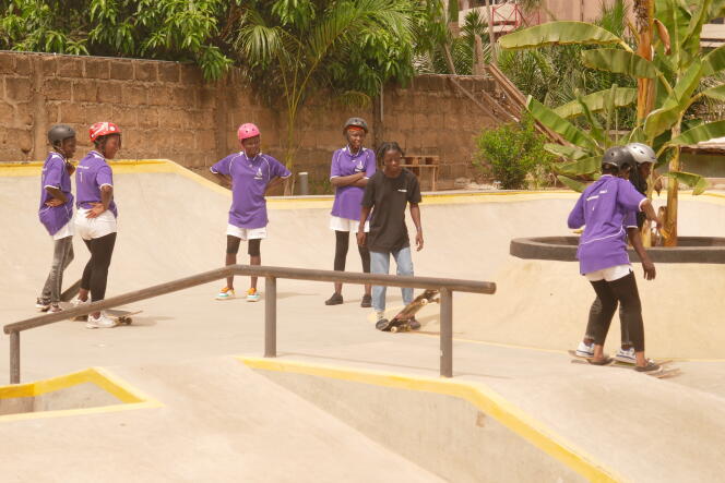 A group of girls take a lesson at the skatepark in Accra, Ghana, April 13, 2023.