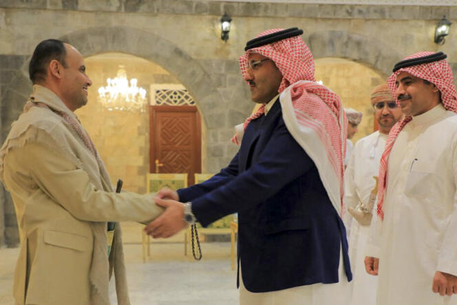 Houthi leader Mehdi al-Mashat greets Saudi Ambassador Mohammed Al Jaber and his delegation in Sanaa, Yemen, on April 3, 2023.