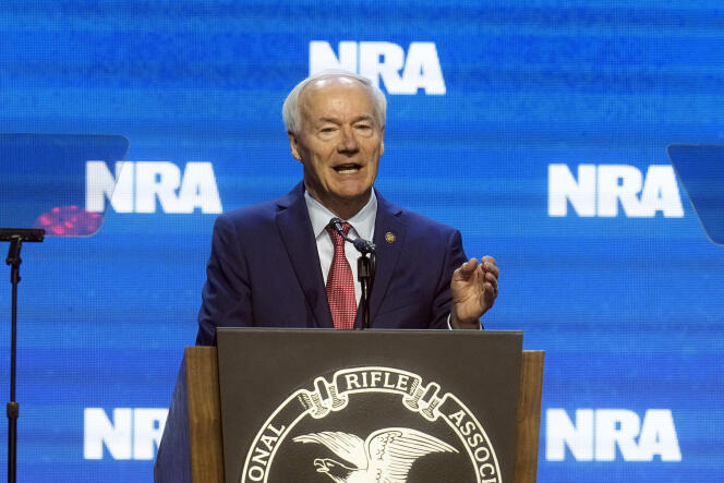 Former Arkansas Governor Asa Hutchinson, candidate for the 2024 Republican presidential nomination, at the convention of the National Rifle Association, America's powerful pro-gun lobby, on April 14, 2023, in Indianapolis, Indiana.