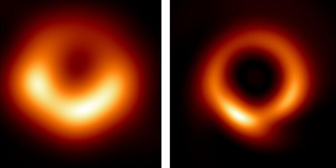 supermasywna czarna dziura M87 pierwotnie sfotografowana przez zespół EHT w 2019 r. (po lewej);  Nowy obraz wygenerowany przez algorytm PRIMO z tego samego zbioru danych (po prawej).