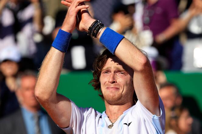 Russian Andrey Rublev moved after his victory over Dane Holger Rune in the final of the Masters 1000 in Monte-Carlo, April 16, 2023.