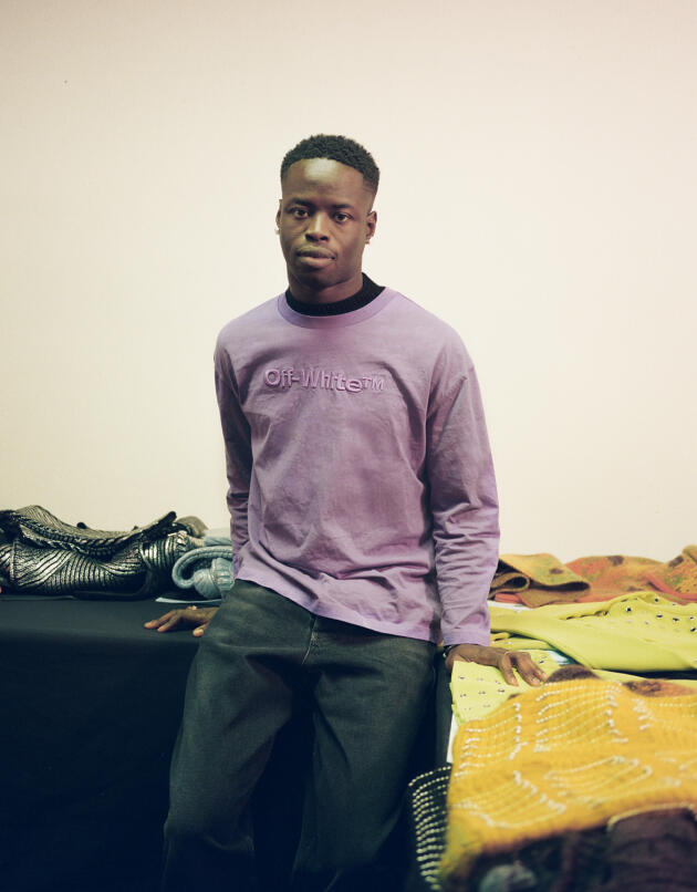 Ibrahim Kamara at the Espace Champerret in Paris, where the fittings took place before the Off-White fashion show on February 28, 2023.
