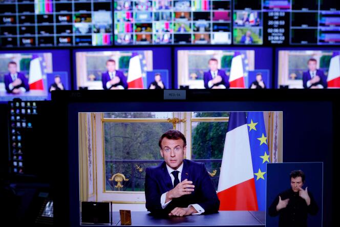 Emmanuel Macron during his televised address to the nation from the Élysée Palace in Paris on April 17, 2023.