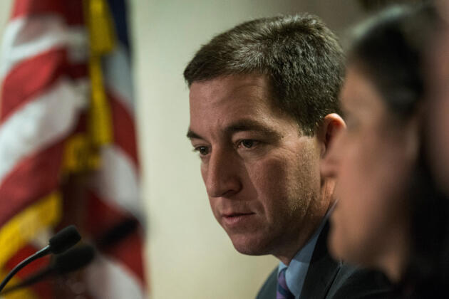 Investigative journalist Glenn Greenwald during a press conference on April 11, 2014 in New York (USA).  She received the George Polk Prize along with Laura Poitras, Ewen MacAskill and Barton Gellman.