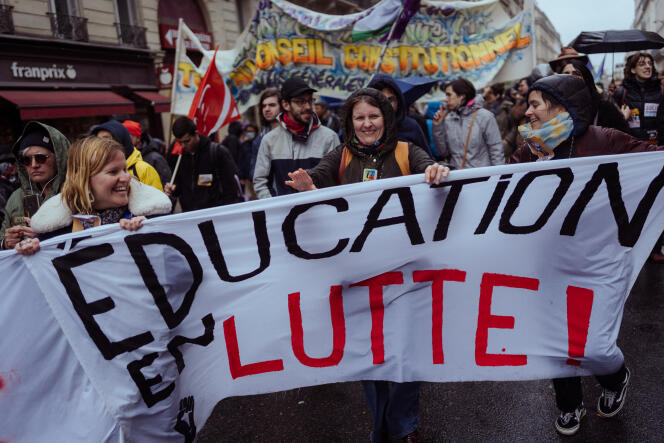 During a demonstration against the pension reform, in Paris, on April 14, 2023.