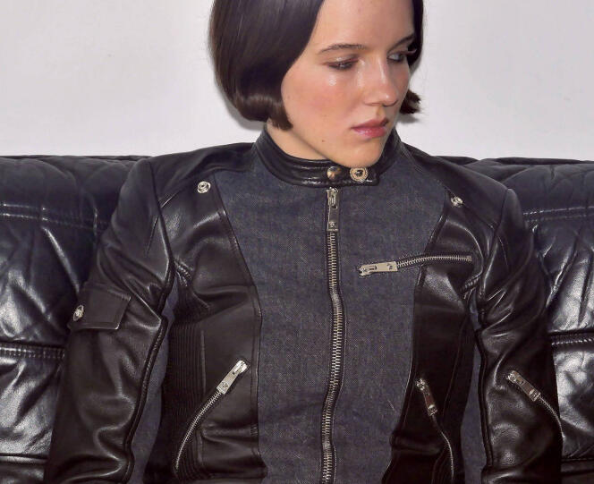   Leather and denim biker jacket, Versace, €3,500.