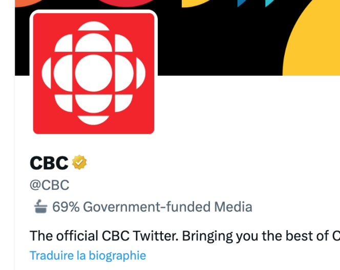 Le compte officiel de CBC affiche désormais « financé à 69 % par le gouvernement ».