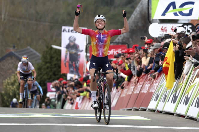 The Dutch rider of the SD Worx team Demi Vollering, on the finish line of the Flèche wallonne 2023, in Huy, Belgium, on April 19, 2023