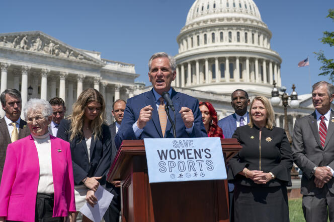 Speaker of the House of Representatives Kevin McCarthy and Republican lawmakers celebrate the passage of a bill banning trans women from joining female teams in schools, in Washington, April 20, 2023.