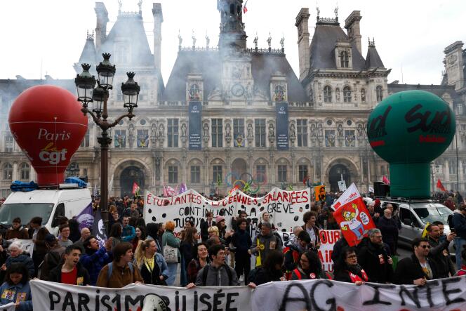 Demonstrators in front of City Hall during a demonstration against pension reform in Paris on April 20, 2023.