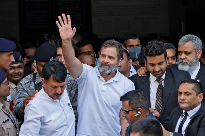 Rahul Gandhi of India's main opposition Congress party walks out of a court in Surat, India, on April 3, 2023 after appealing his defamation conviction.