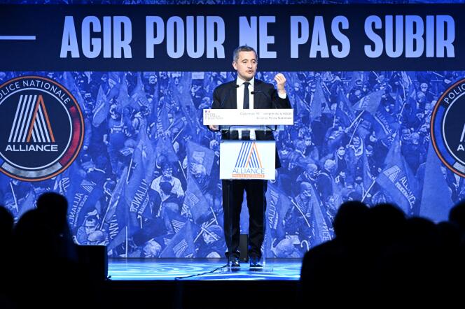 Interior Minister Gérald Darmanin speaks at the Alliance police union congress in Tremblay-en-France (Seine-Saint-Denis) on April 6, 2023.
