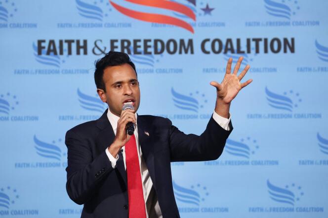 Entrepreneur Vivek Ramaswamy, speaking at an event hosted by the conservative organization Faith & Freedom Coalition, April 22, 2023, in Clive, Iowa.