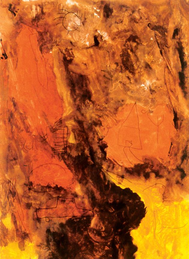 Dessin de Mouhammed Ibrahim, 9 ans, quartier de Chiah, à Beyrouth, Liban, au début des années 1980. Un soleil, une maison, un arbre, une voiture ont été tracés au crayon sur la feuille avant qu'une peinture aux couleurs de feu ne les recouvre.