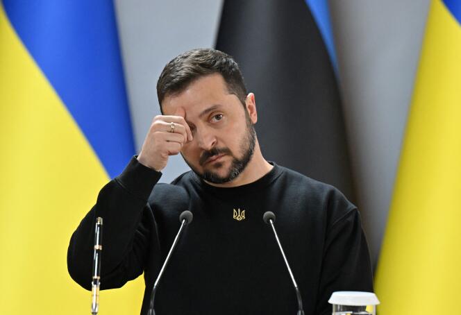 Ukrainian President Volodymyr Zelensky gestures during a joint press conference with the Estonian prime minister after their meeting in Zhytomyr on April 24, 2023.