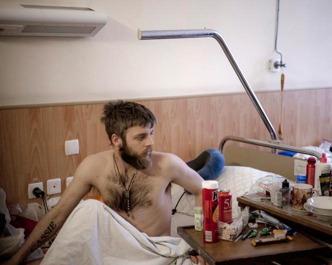 Brandon Nicolas, originally from Montauban (southern France), is hospitalized in Poltava, Ukraine, on April 6, 2023. Wounded last December in the Donbas region, Brandon joined the international legion at the beginning of the Russian invasion.
