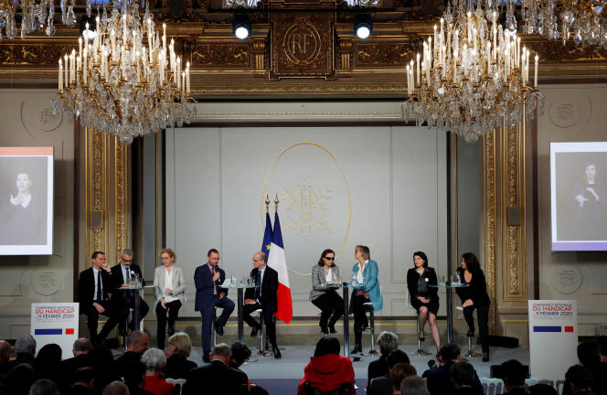 Ministers and representatives of associations take part in the previous National Disability Conference, on February 11, 2020, at the Elysée, Paris. 