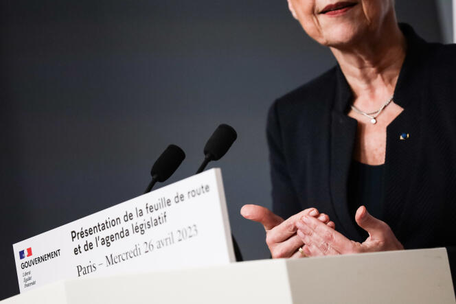 Prime Minister Elisabeth Borne presents the government's roadmap for the next three months at the Elysee Palace on April 26, 2023.