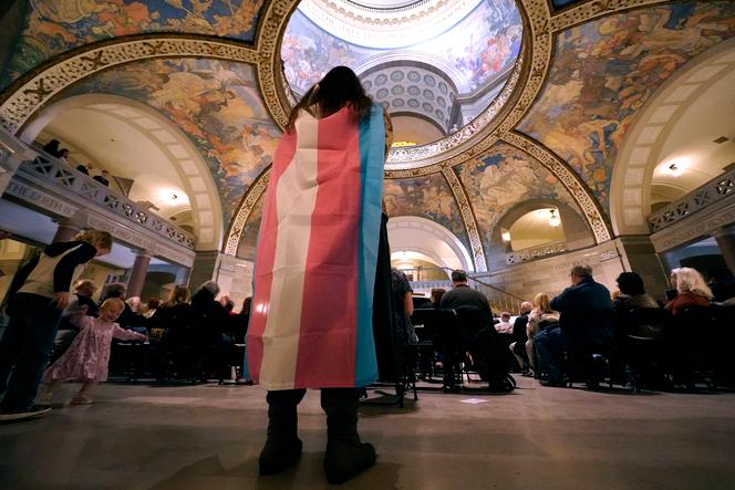 Glenda Starke porte un drapeau transgenre en guise de contre-manifestation, lors d’une réunion pour l’interdiction des soins de santé pour les personnes transgenres, dans le Capitole de l’Etat du Missouri, à Jefferson City, le 20 mars 2023.