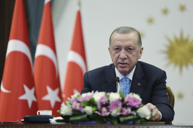 Turkey's President Recep Tayyip Erdogan inaugurates Turkey's first nuclear power plant via a video link, at the Presidential palace in Ankara, Thursday, April 27, 2023.