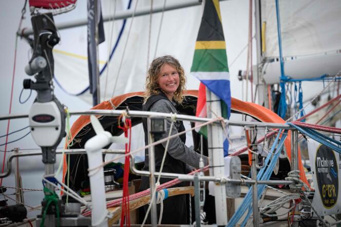 South African sailor Kirsten Neuschafer, aboard her boat, 