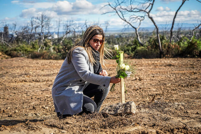 Nadia Ghouafria on one of the graves discovered in Saint-Maurice-l'Ardoise (Gard) on March 20, 2023. Here, on April 3, 2023.