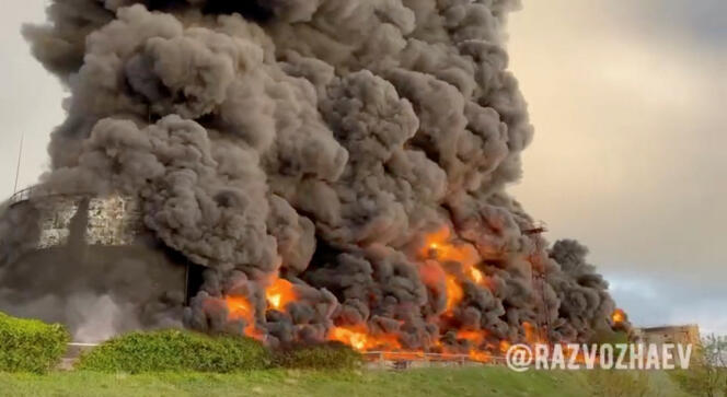 A still image from a video shows smoke rising following an alleged drone attack on oil depot in Sevastopol, Crimea, April 29, 2023.  