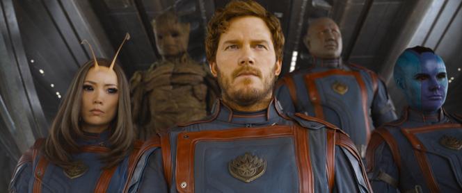 « Les Gardiens de la galaxie. Volume 3 », de James Gunn, avec, au premier plan, de gauche à droite, Pom Klementieff, Chris Pratt et Karen Gillan.