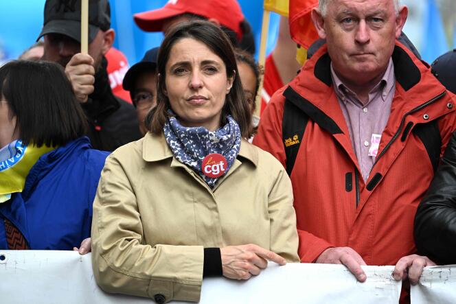 Sophie Binet, la secrétaire générale de la CGT, lors de la manifestation du 1er-Mai, à Paris, en 2023.
