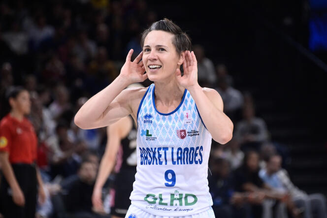 Celine Dumerc lors de la finale de Coupe de France, remportée par Basket Landes face à l’Asvel, samedi 22 avril 2023.
